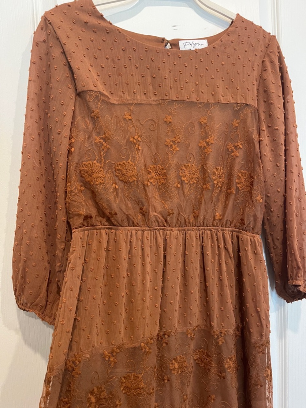 Polagram Rust Orange Textured Embroidered Midi Dress